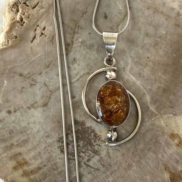 Sterling Silver 950 Mexico Geometric Oval Baltic Amber Pendant Necklace 18" - Picture 11 of 16